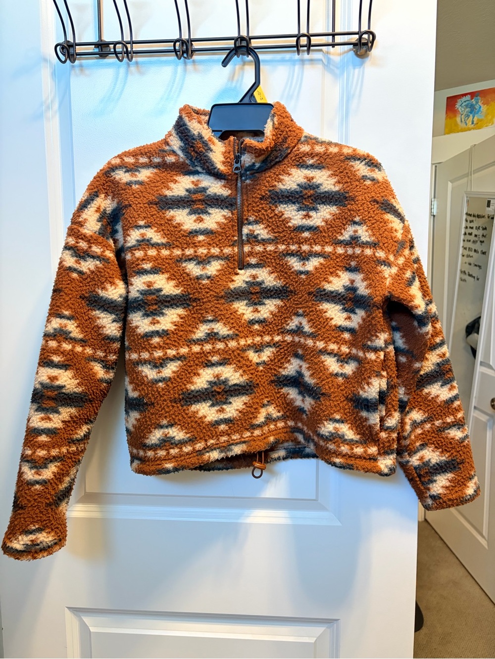 Rust Aztec Sherpa Quarter-Zip Cropped Pullover